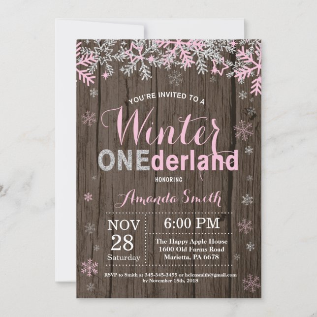 Winter Onederland Pink Silver Girl 1st Birthday Invitation (Front)