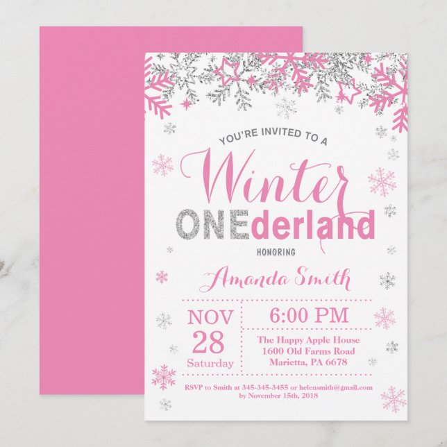 Winter Onederland Pink Silver Girl 1st Birthday Invitation (Front/Back)