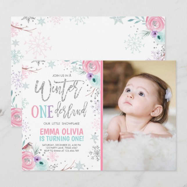 Winter ONEderland Pink Silver Photo 1st Birthday Invitation (Front/Back)
