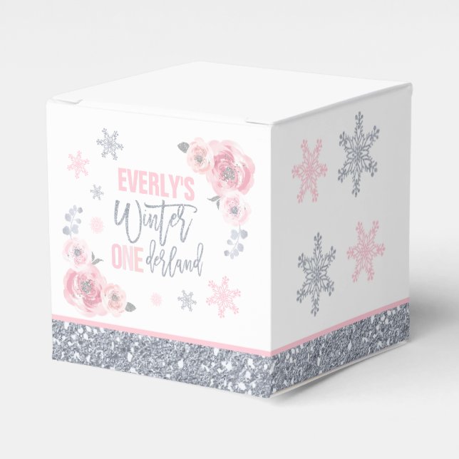Winter ONEderland Pink Silver Snowflake Birthday  Favor Box (Front Side)
