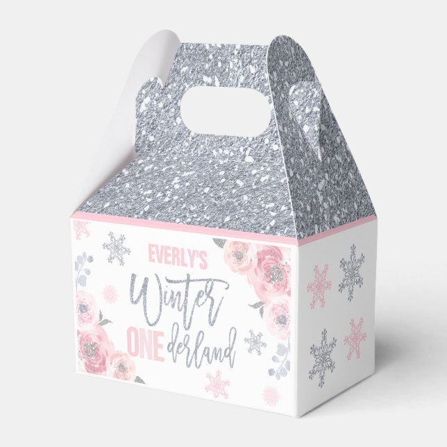 Winter ONEderland Pink Silver Snowflake Party Favor Box (Front Side)