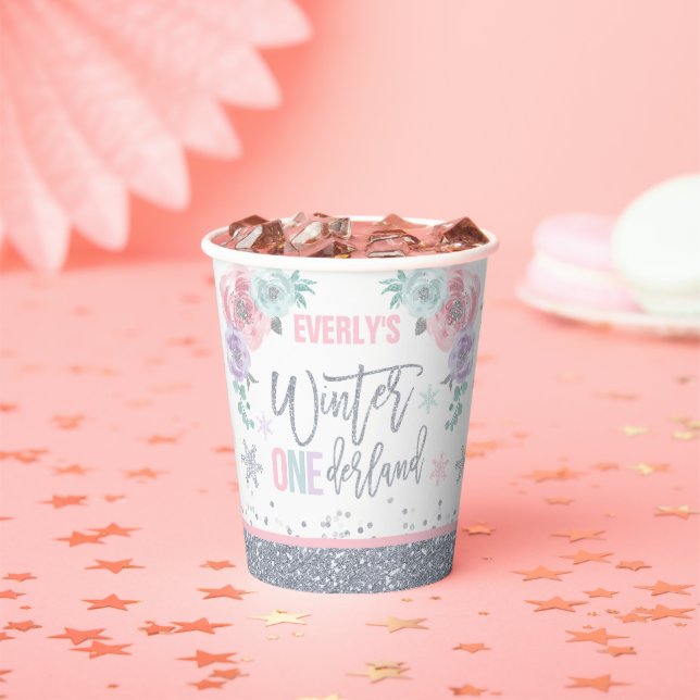 Winter ONEderland Pink Silver Snowflake Party Paper Cups (Insitu)