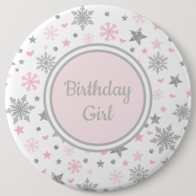 Winter ONEderland Pink Silver Snowflakes Birthday 6 Inch Round Button (Front)