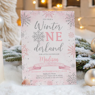 Winter Onederland Pink Silver Snowflakes Birthday Invitation