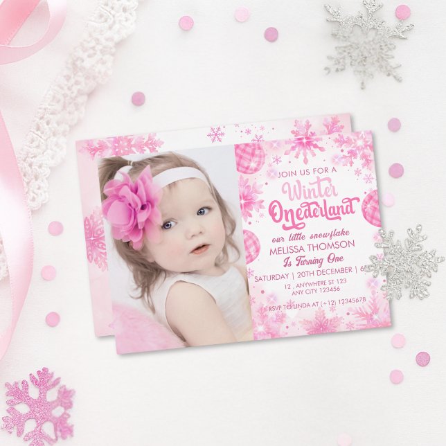 Winter Onederland Pink Snowflake Birthday Photo  Invitation (Creator Uploaded)