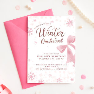 Winter Onederland Pink Snowflake First Birthday Invitation