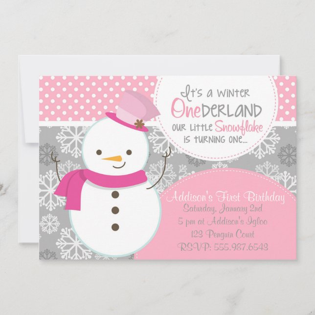 Winter ONEderland Pink Snowman Invitation (Front)