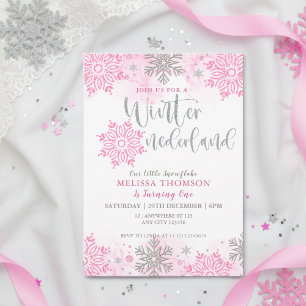 Winter Onederland Pink Sparkle Snowflake Birthday  Invitation