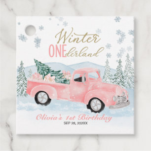 Winter Onederland Pink Truck First Birthday Favour Tags