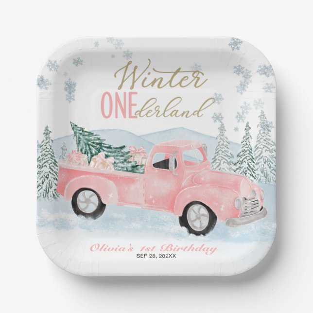 Winter Onederland Pink Truck First Birthday Paper Plate (Front)
