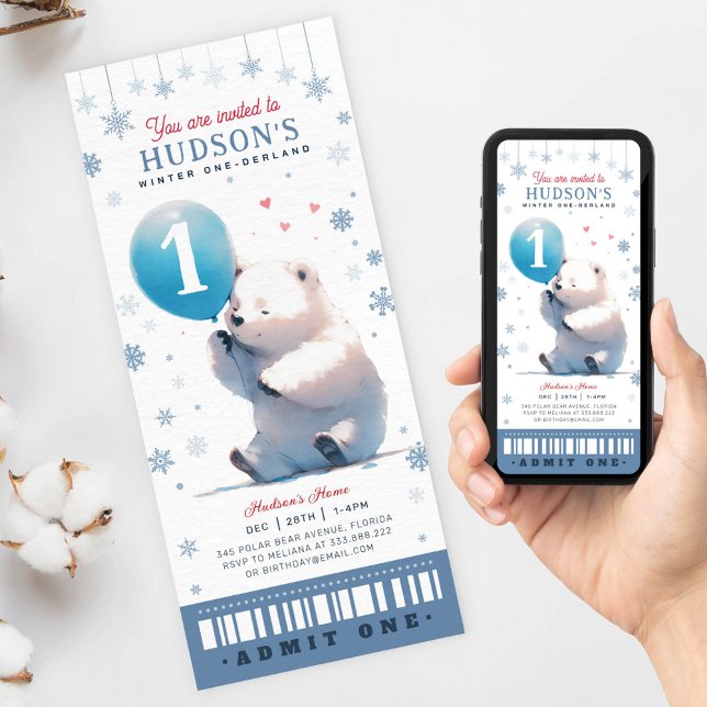 Winter Onederland Polar Bear First Birthday Ticket Invitation (Creator Uploaded)