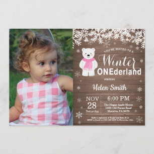 Winter Onederland Polar Bear Girl 1st Birthday Invitation