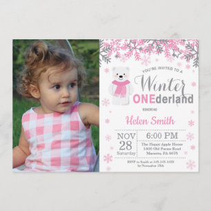 Winter Onederland Polar Bear Girl 1st Birthday Invitation