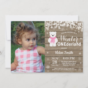 Winter Onederland Polar Bear Girl 1st Birthday Invitation