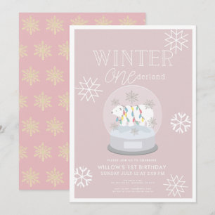 Winter Onederland Polar Bear Pink 1st Birthday Invitation