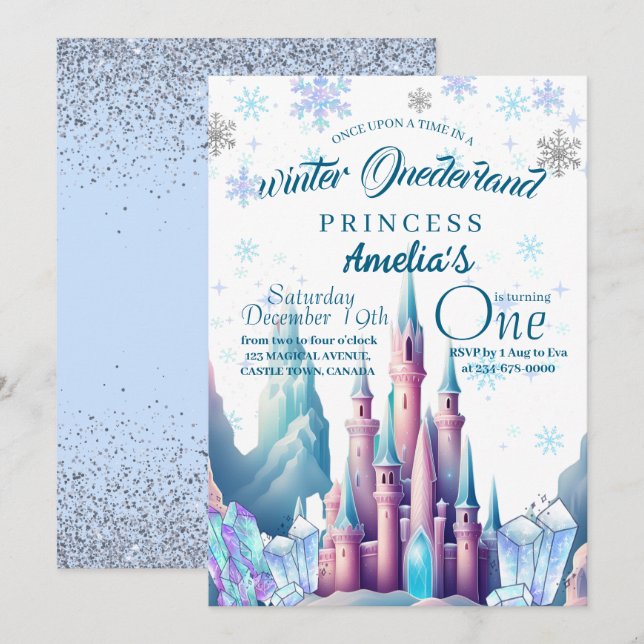 Winter Onederland Princess 1st Birthday Party Invitation (Front/Back)