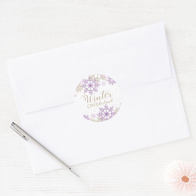 Winter Onederland Purple and Gold Snowflake Classic Round Sticker (Envelope)