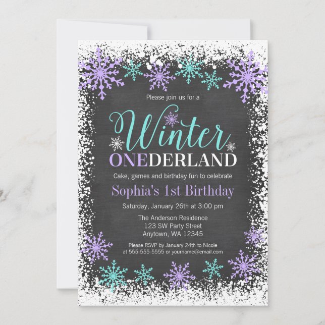 Winter ONEderland Purple Chalkboard 1st Birthday Invitation (Front)
