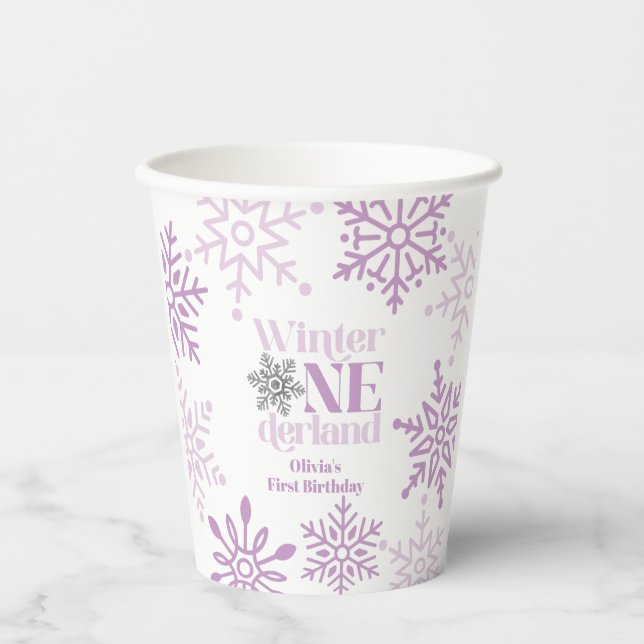 Winter Onederland Purple Snowflake 1st Birthday Paper Cups (Front)
