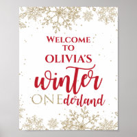 Winter Onederland Red 1st Birthday Gold Snowflakes