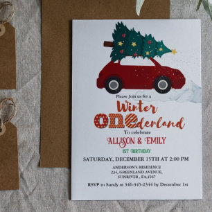 Winter Onederland Red Car with Twin 1St Birthday Invitation