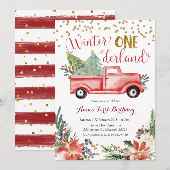 Winter Onederland Red Christmas Truck Birthday Invitation (Front/Back)