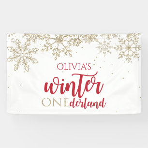 Winter ONEderland Red Gold Glitter Snowflakes Banner