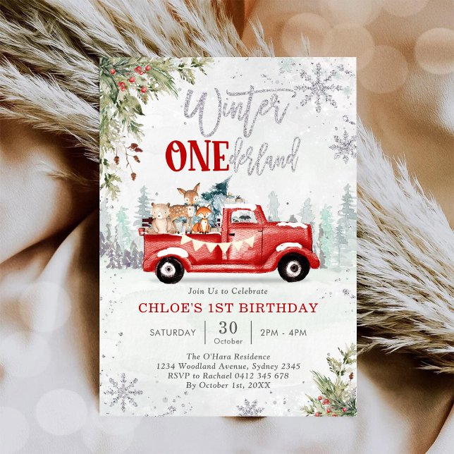 Winter ONEderland Red Truck Birthday Invitation (Creator Uploaded)