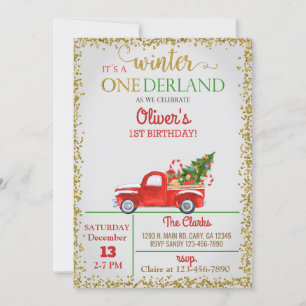 Winter Onederland red truck boy 1st birthday. Invitation
