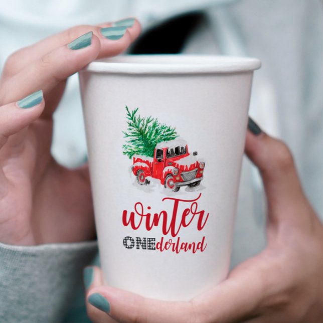 Winter Onederland Red Truck First Birthday Paper Cups (Creator Uploaded)