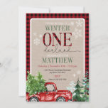 Winter ONEderland Red Truck Forest Birthday Invitation<br><div class="desc">Adorable design with buffalo plaid,  trees and a little red truck.</div>