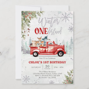 Winter ONEderland Red Truck Girl 1st Birthday  Invitation
