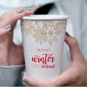 Winter ONEderland Red with Gold Snowflake Birthday Paper Cups