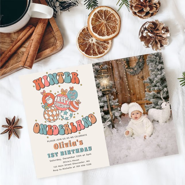 Winter ONEderland Retro Christmas Birthday Photo Invitation (Creator Uploaded)