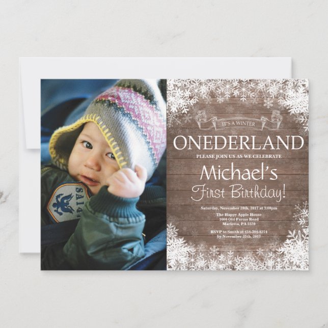 Winter Onederland Rustic 1st Birthday Photo Invitation (Front)