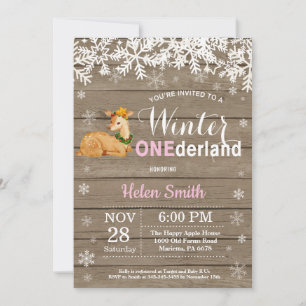 Winter Onederland Rustic Deer Girl 1st Birthday Invitation