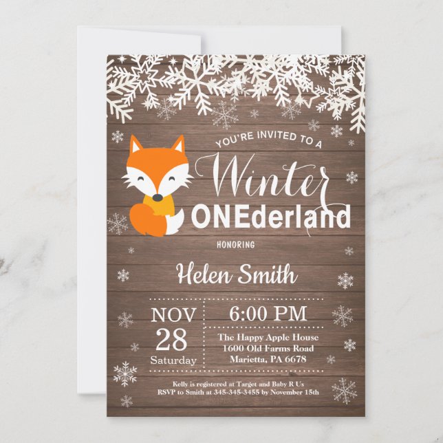 Winter Onederland Rustic Fox 1st Birthday Invitation (Front)