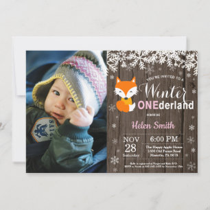 Winter Onederland Rustic Fox Girl 1st Birthday Invitation