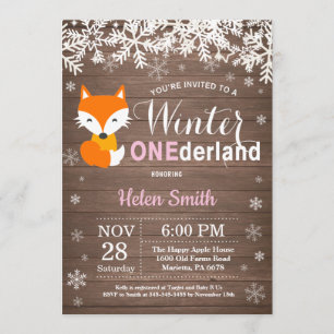 Winter Onederland Rustic Fox Girl 1st Birthday Invitation