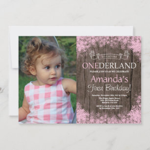 Winter Onederland Rustic Girl 1st Birthday Photo Invitation