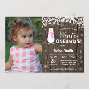 Winter Onederland Rustic Penguin Girl 1st Birthday Invitation