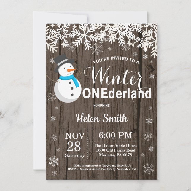 Winter Onederland Rustic Snowman Boy 1st Birthday Invitation (Front)