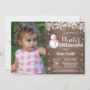 Winter Onederland Rustic Snowman Girl 1st Birthday Invitation