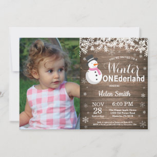 Winter Onederland Rustic Snowman Girl 1st Birthday Invitation