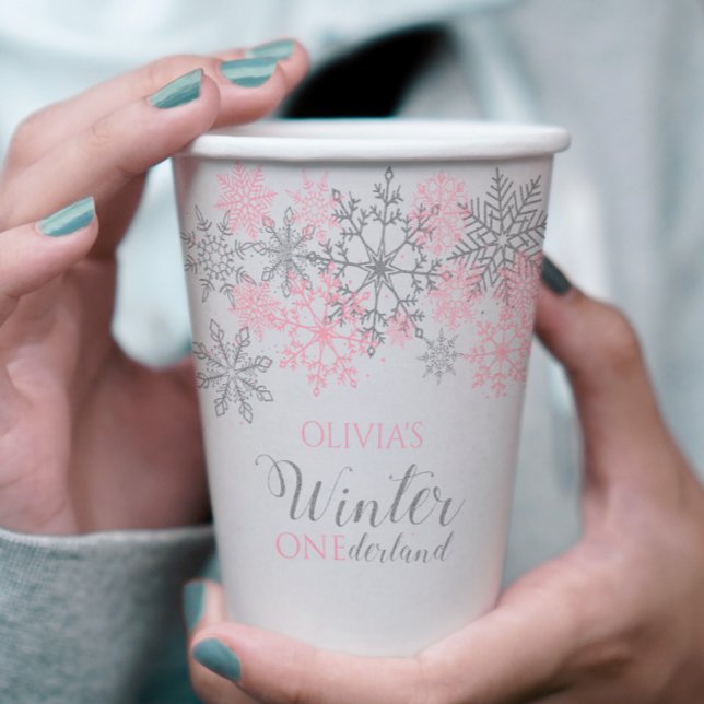 Winter Onederland Silver and Pink Snowflake Paper Cups (Creator Uploaded)