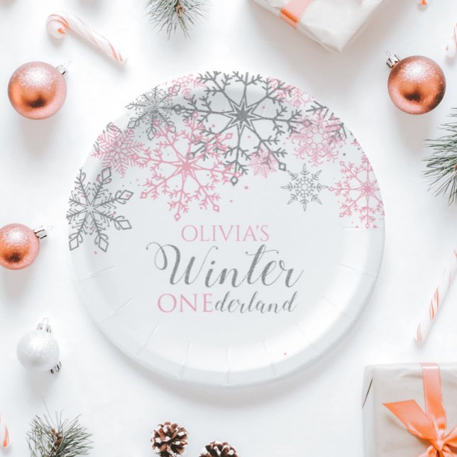 Winter Onederland Silver and Pink Snowflake Paper Plate (Creator Uploaded)