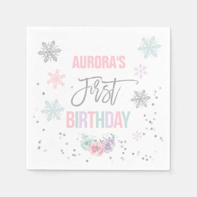 Winter ONEderland Silver Birthday Party Napkin (Front)