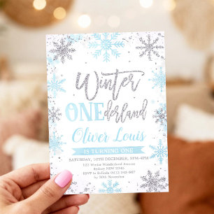 Winter ONEderland Silver Blue 1st Birthday Invitation