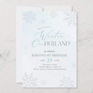 Winter Onederland Silver Blue Glitter 1st Birthday Invitation