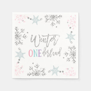 Winter ONEderland Silver Floral Pink Glitter Girl Napkin